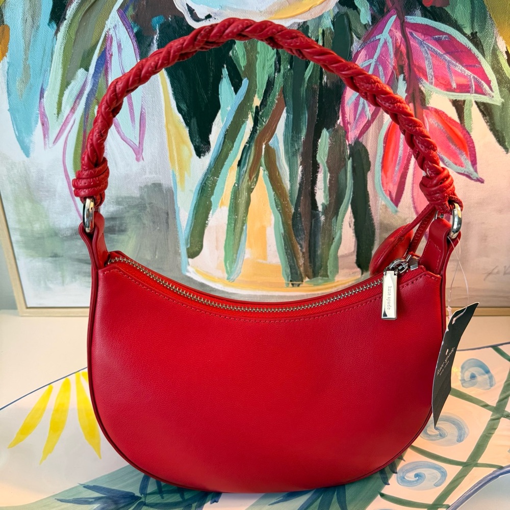 Kate Spade Red heart Nova Braided Handle Small Crescent Shoulder/Crossbody Bag - Picture 3 of 10